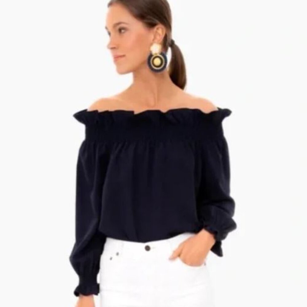 Tuckernuck Navy Blue Off the Shoulder Marguerite Blouse Women's Size Large